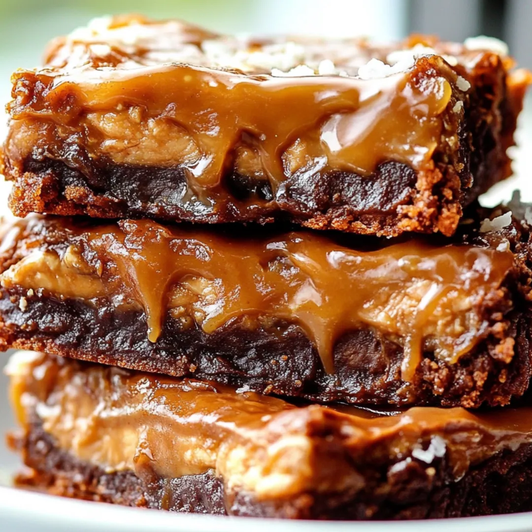 A stack of brownies with caramel drizzle.