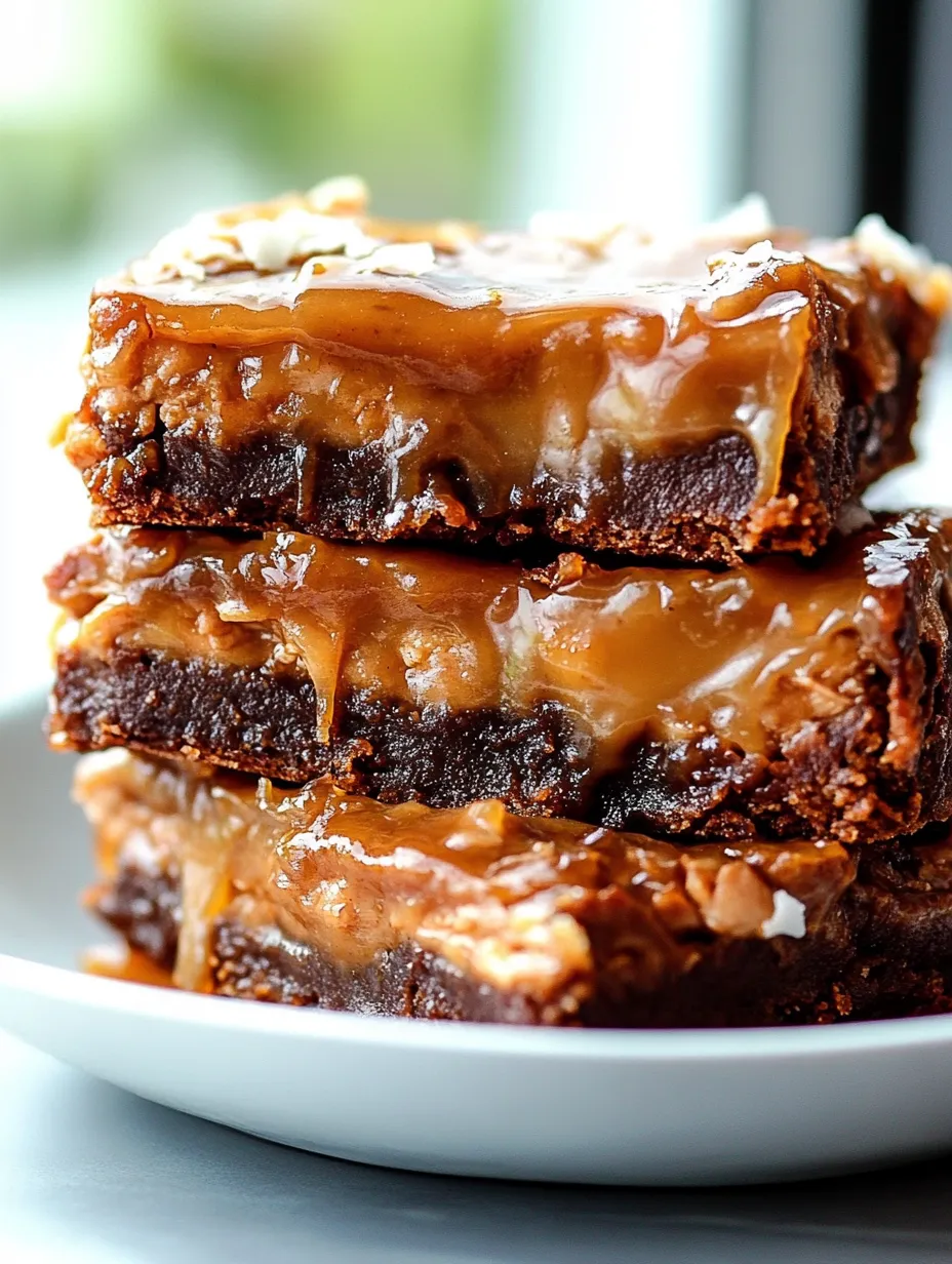 A stack of brownies with caramel sauce.