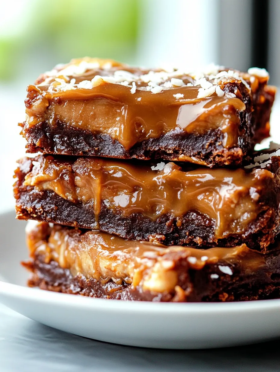 A stack of brownies with caramel drizzle.