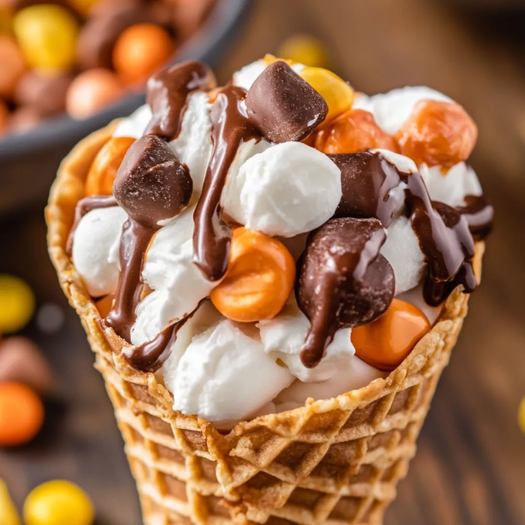 A chocolate covered ice cream cone with marshmallows and peanuts.