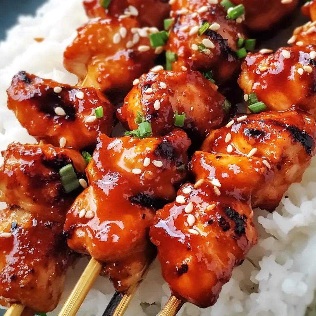 A plate of chicken skewers with sauce.