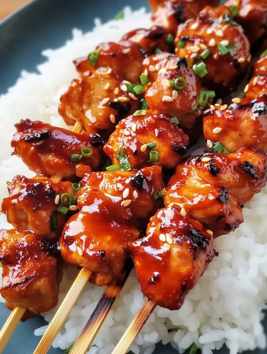 A skewer of meat with sauce on rice.