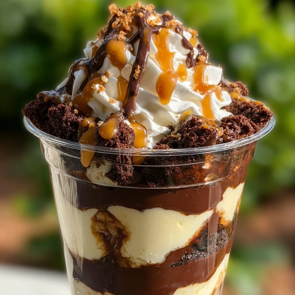 A chocolate ice cream dessert with caramel drizzle.