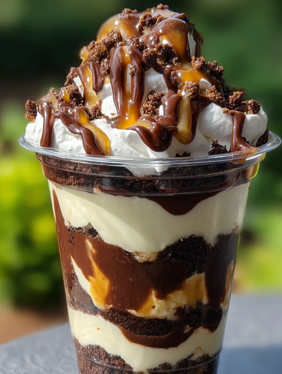 A chocolate and caramel dessert in a plastic cup.
