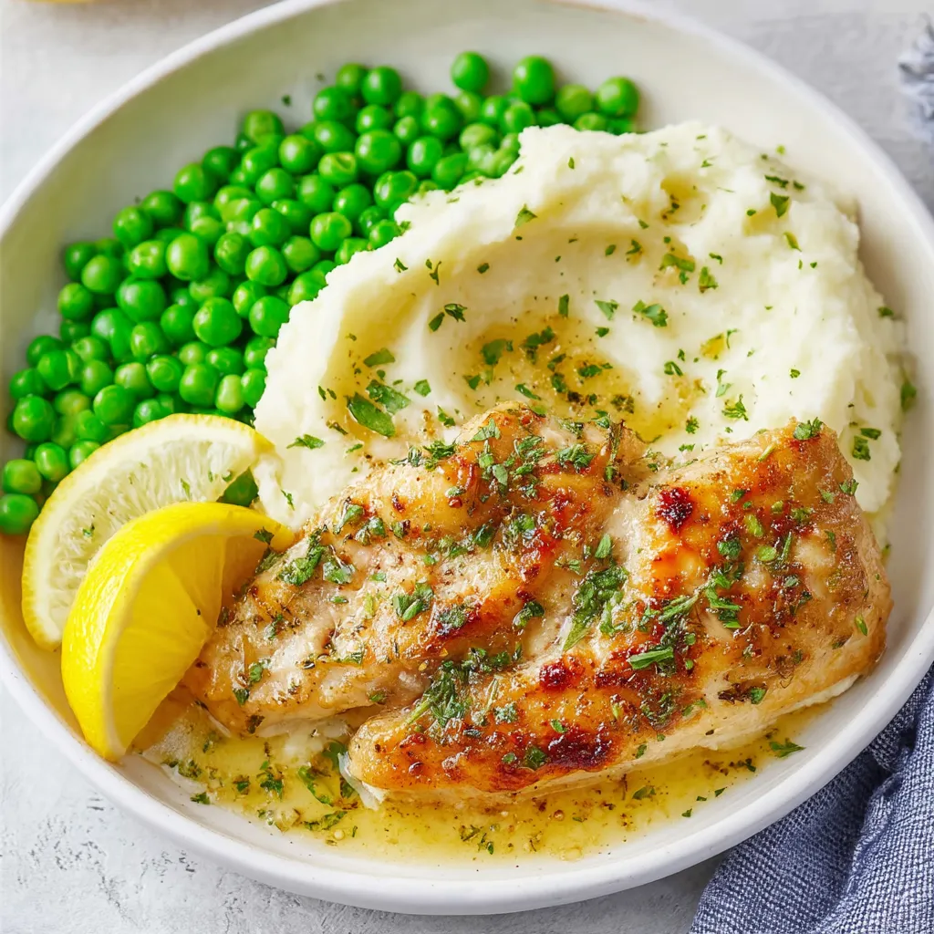 A bowl of food with chicken, potatoes, and peas.
