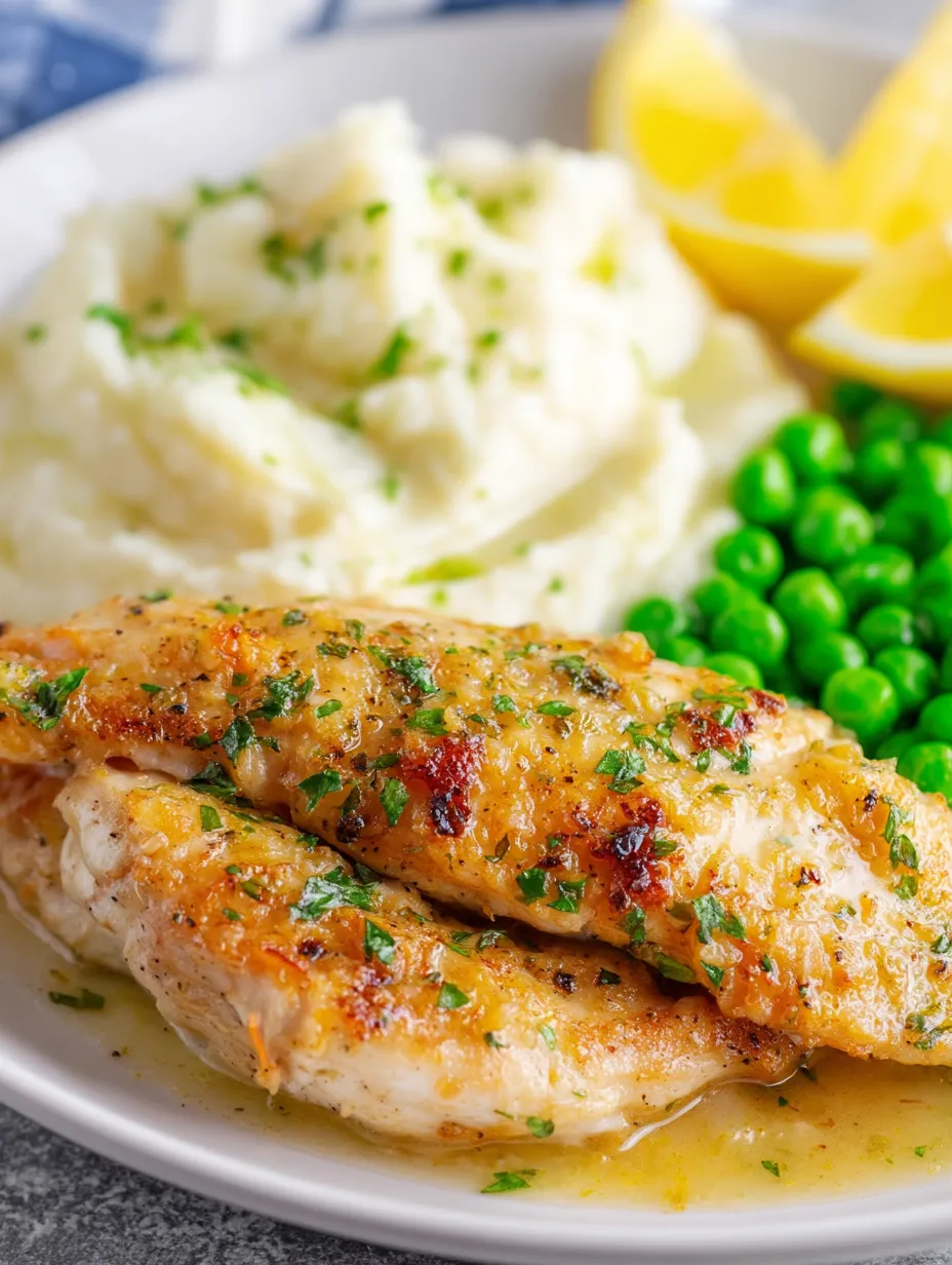 A plate of food with chicken, potatoes, and peas.