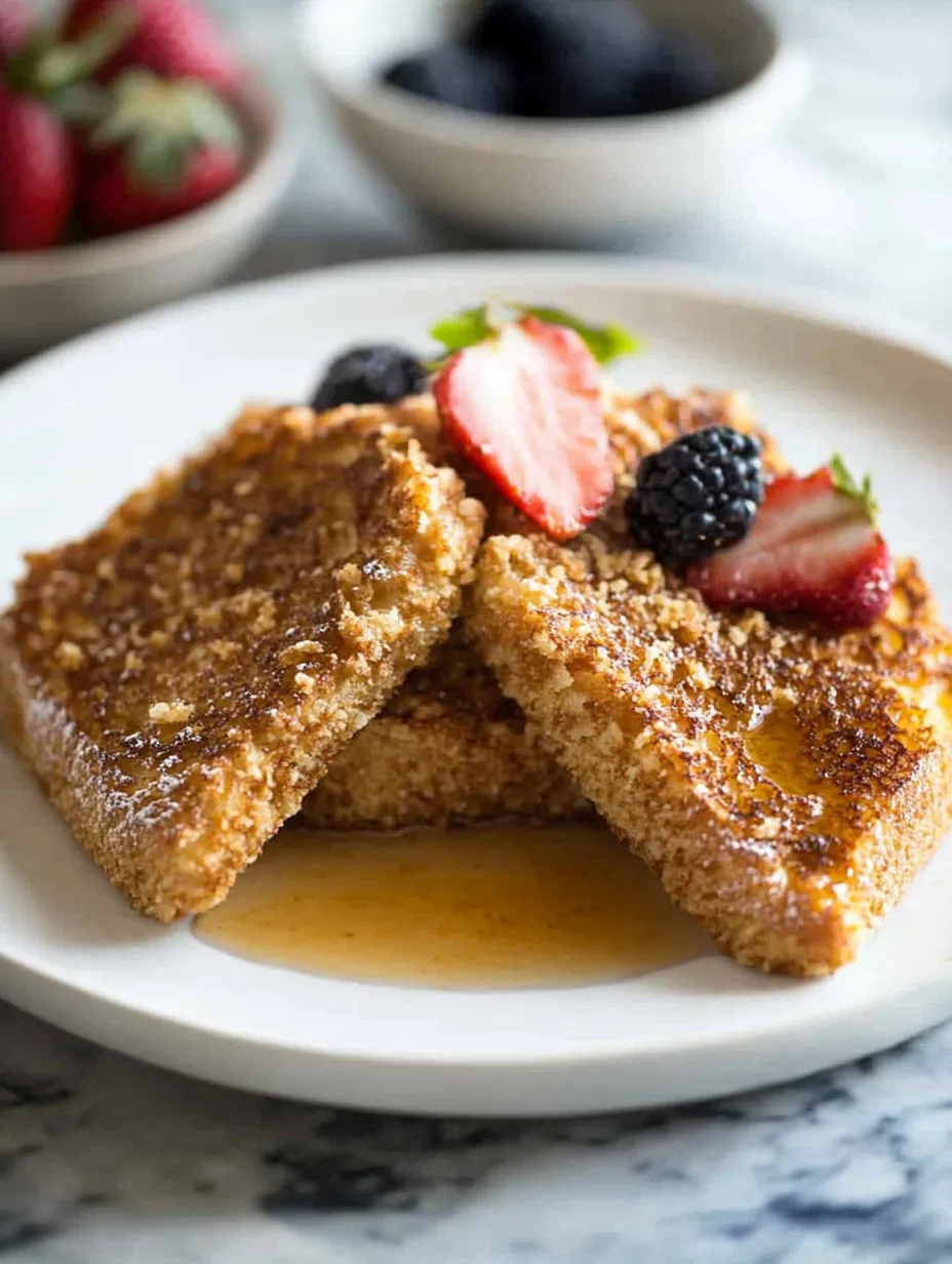 A plate of French toast with strawberries and blueberries on top.