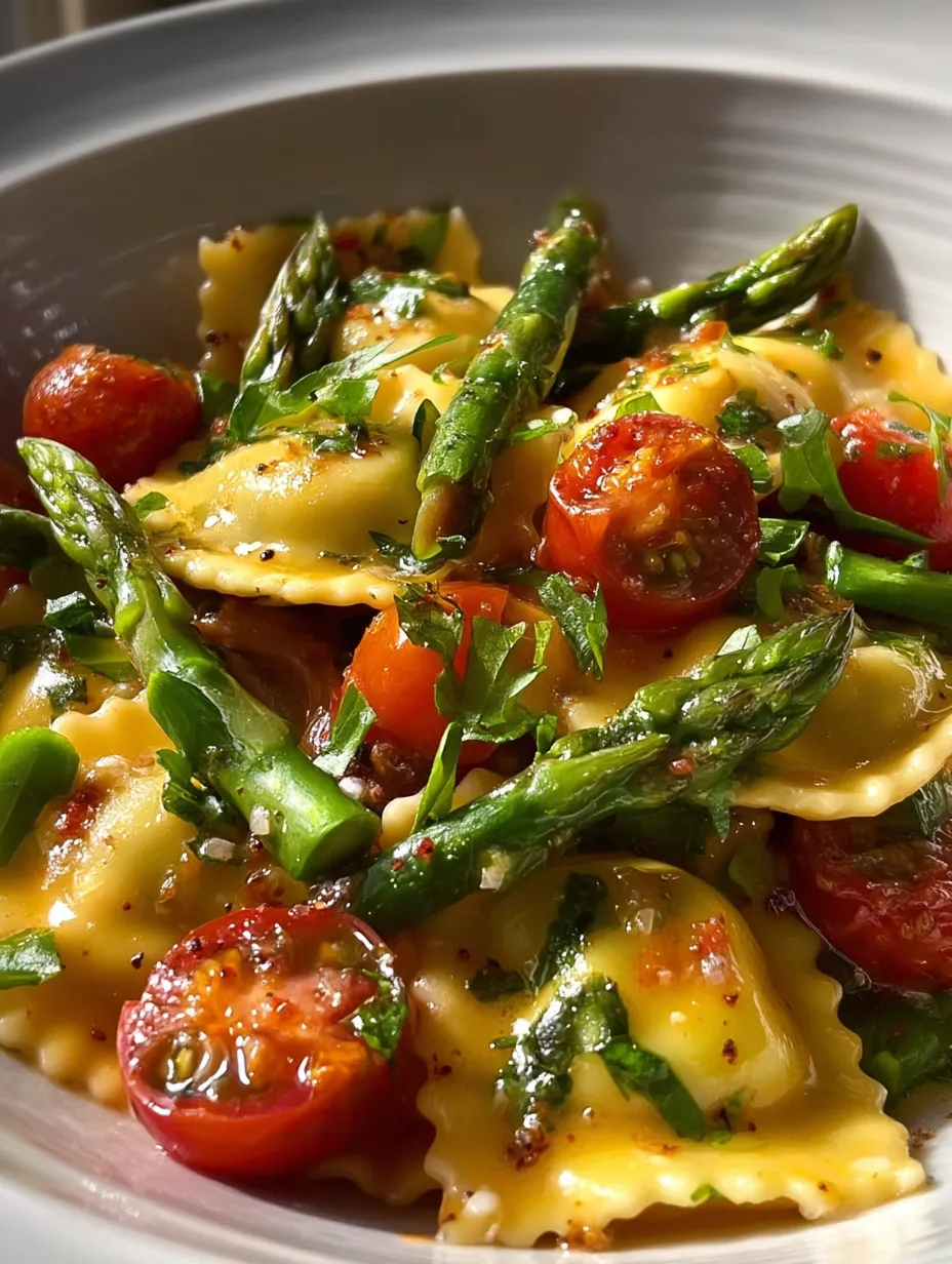 A plate of delicious pasta with tomatoes and asparagus.