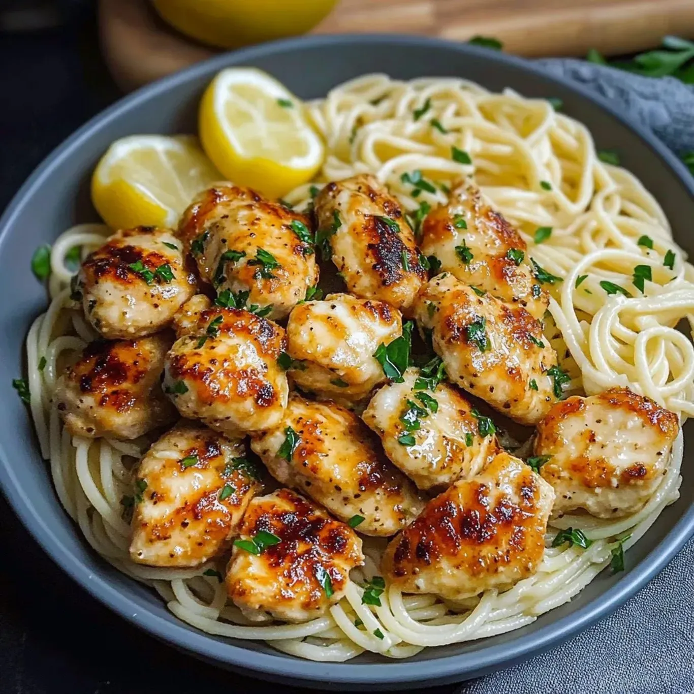 A bowl of pasta with chicken and lemon wedges.