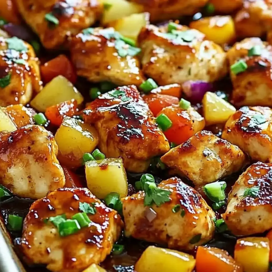 A pan of chicken with pineapple and onions.