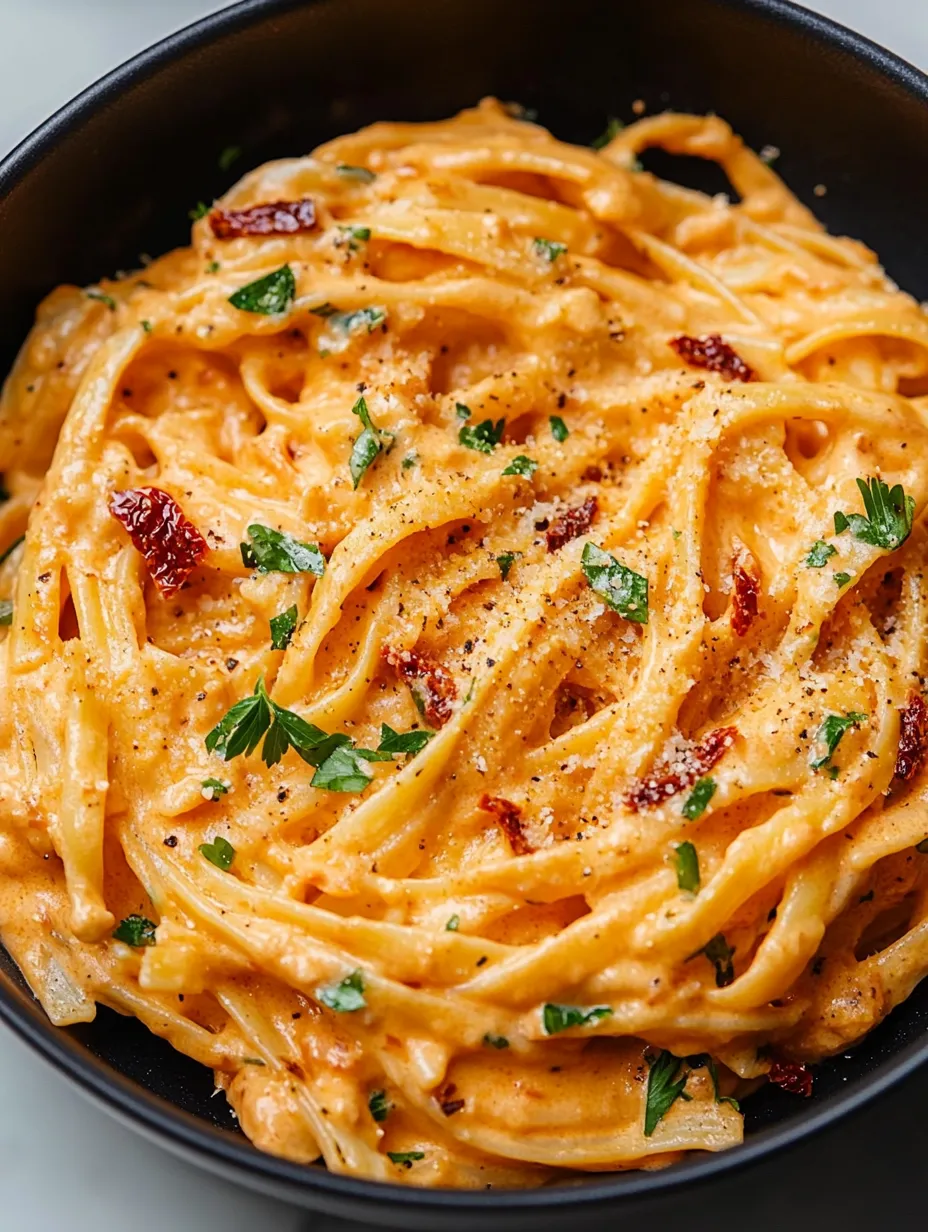 A bowl of pasta with a sprig of parsley on top.