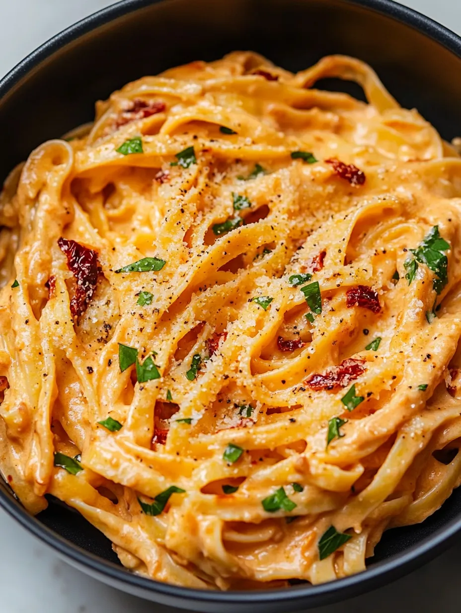 A bowl of pasta with red sauce and green herbs.