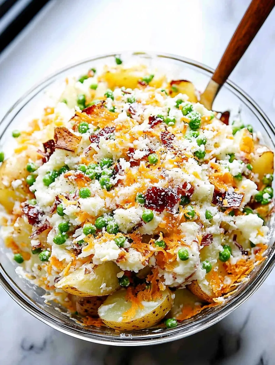 A bowl of food with peas and potatoes.