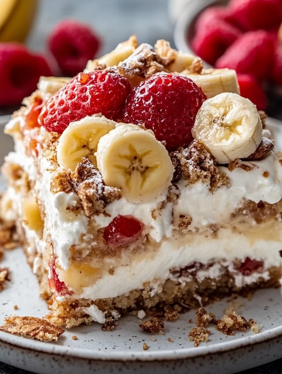 A slice of cake with bananas and strawberries.