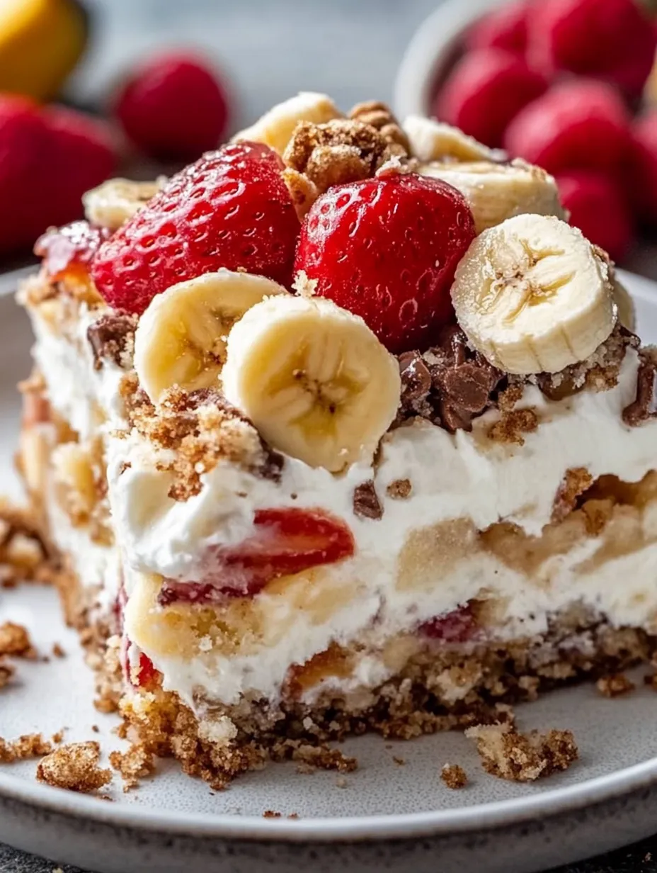 A slice of cake with bananas and strawberries.
