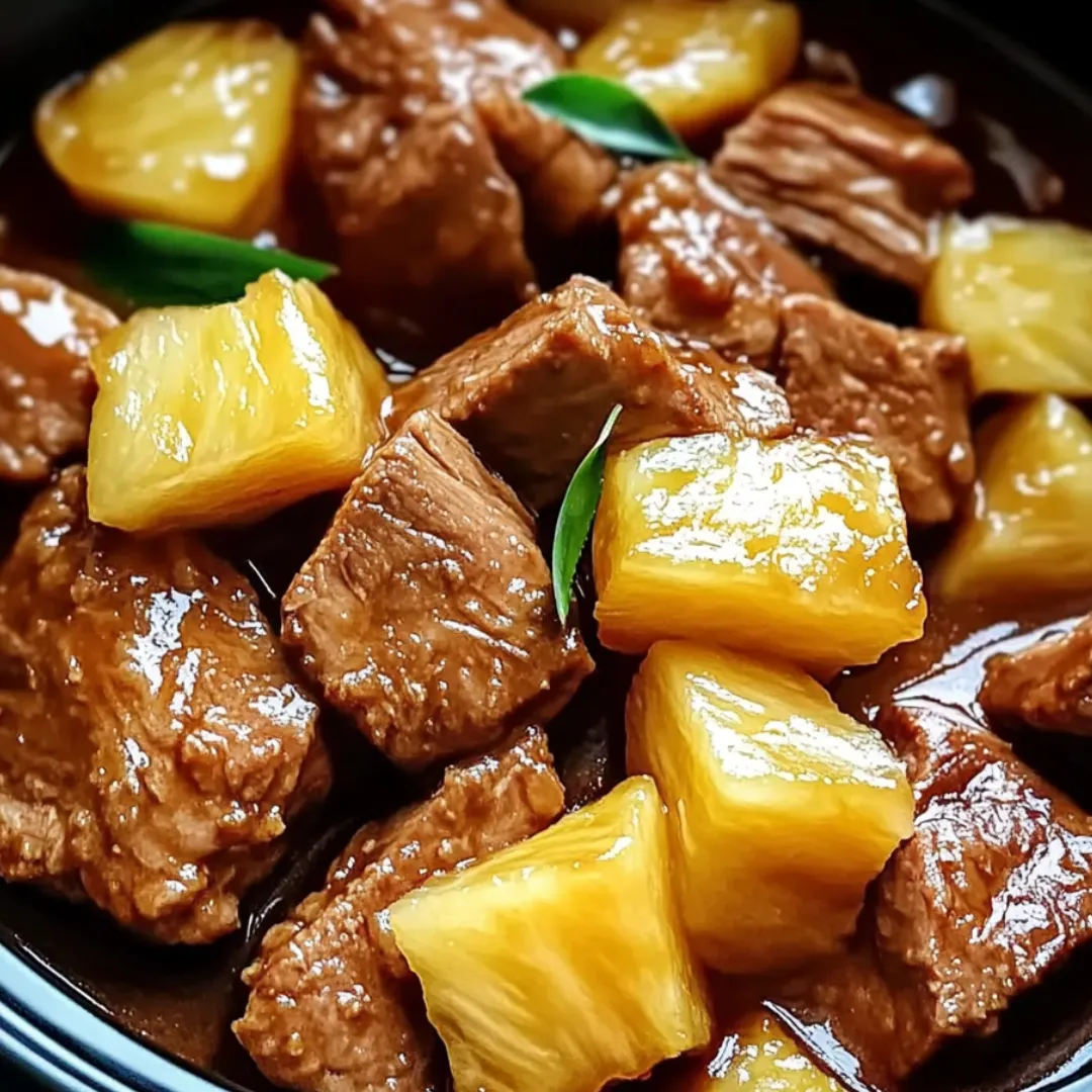 A bowl of beef and pineapple.
