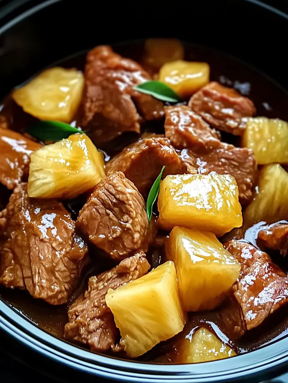 A bowl of meat with pineapple chunks.