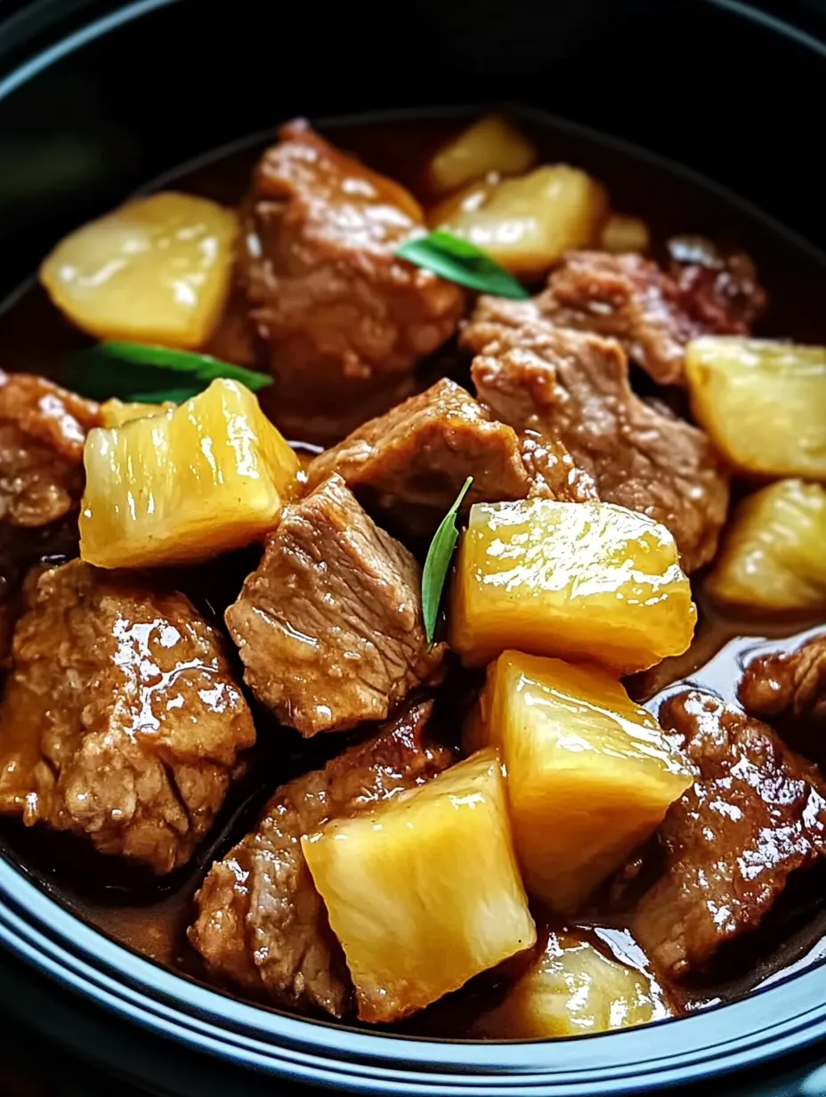 A bowl of meat and pineapple.