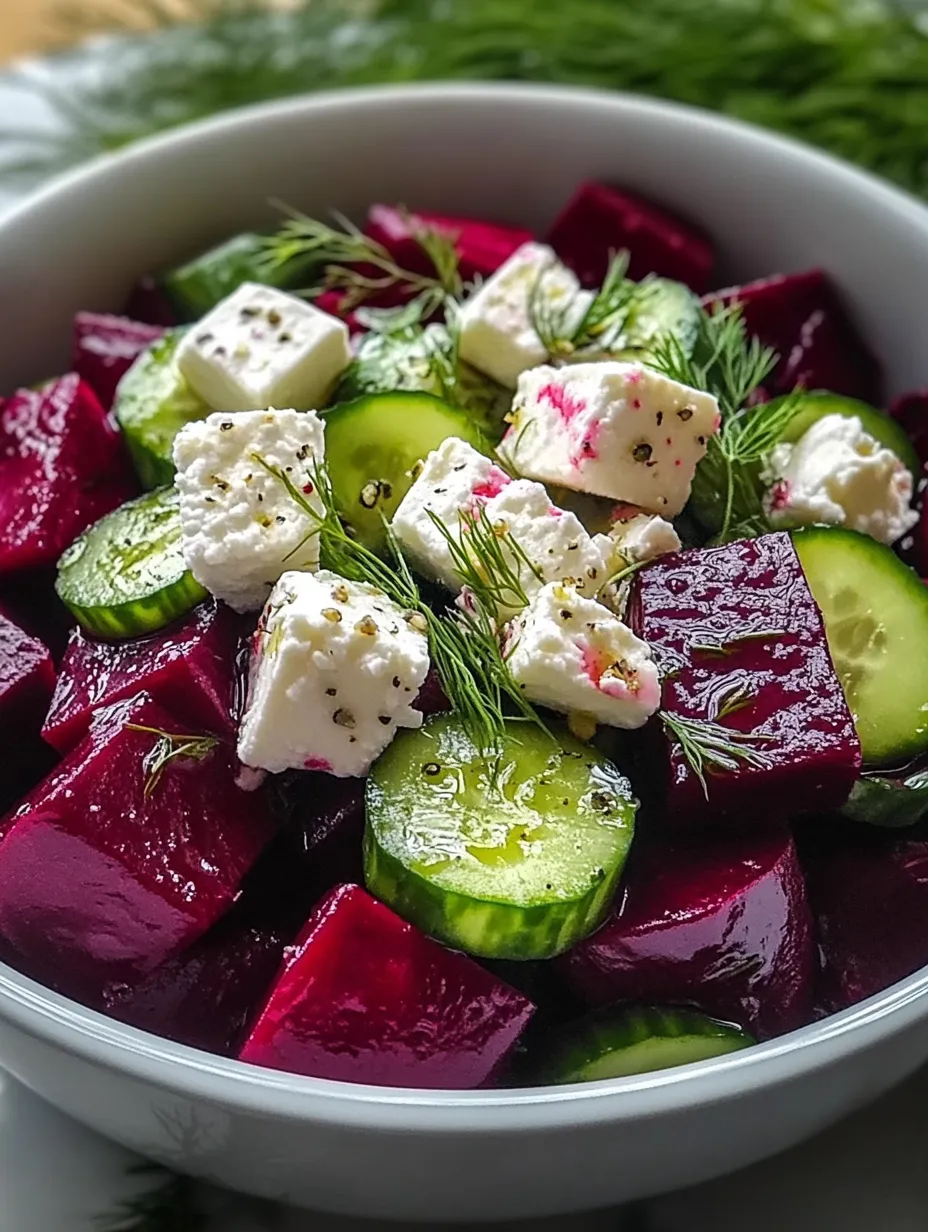 A bowl of food with cheese, cucumbers, and beets.