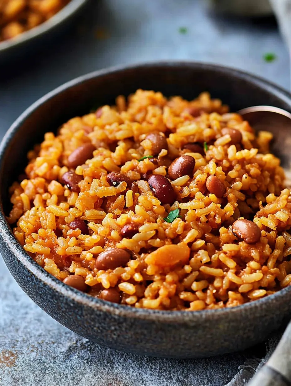 A bowl of rice with beans and peppers.