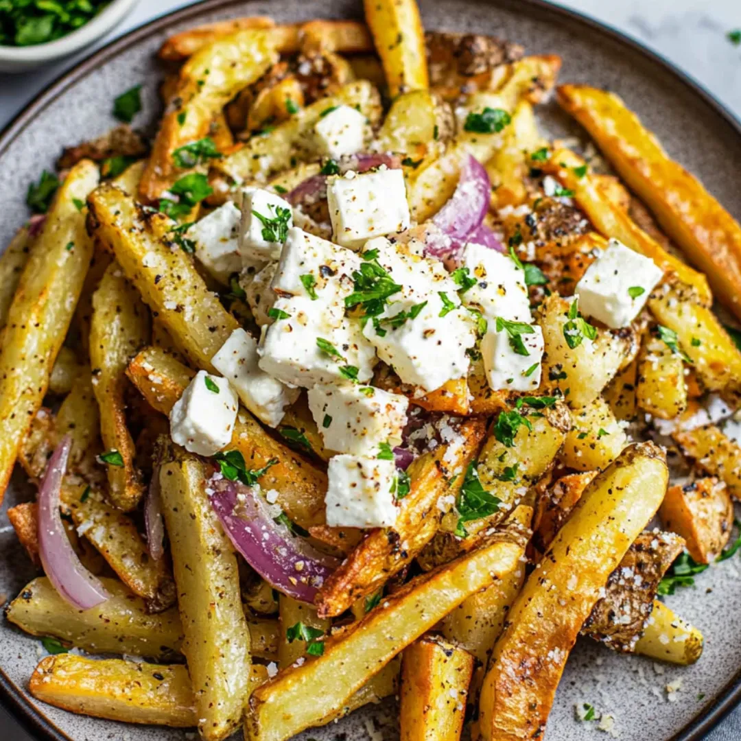A plate of french fries with cheese and onions.
