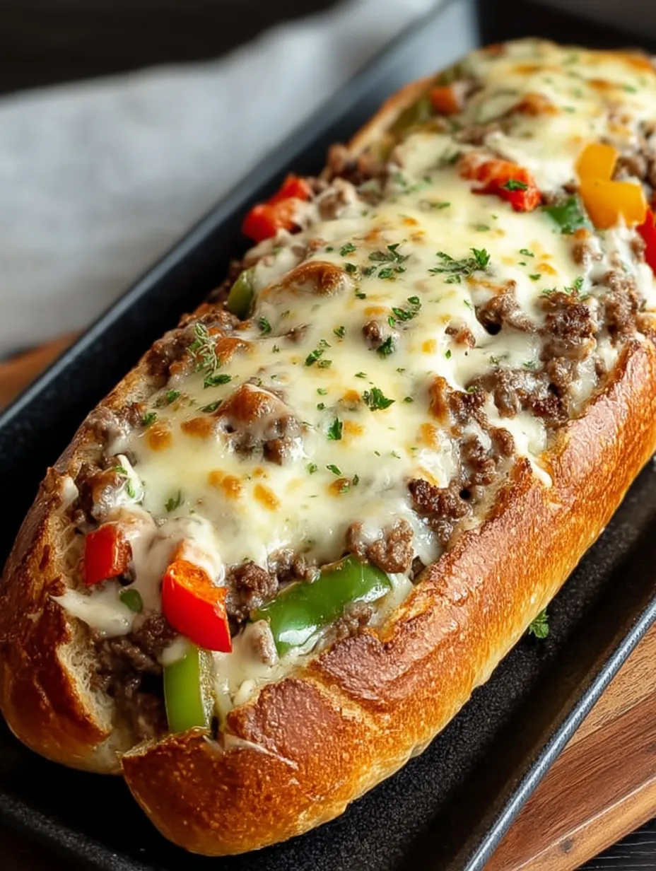 A sandwich with meat and cheese on a black plate.