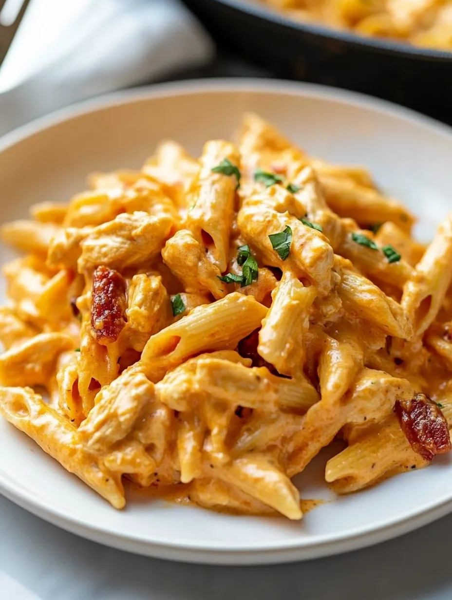 A plate of pasta with chicken and cheese.