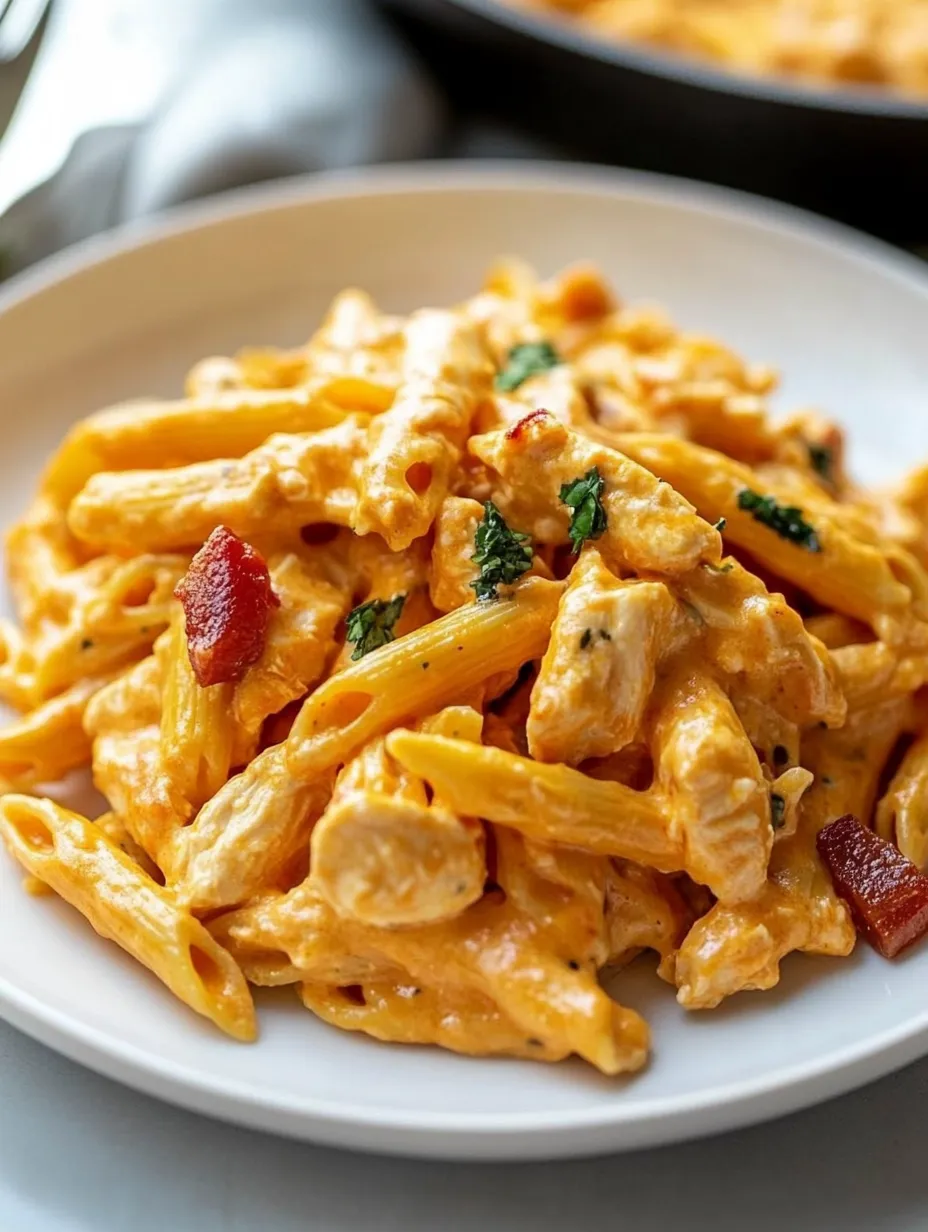 A plate of pasta with chicken and cheese.