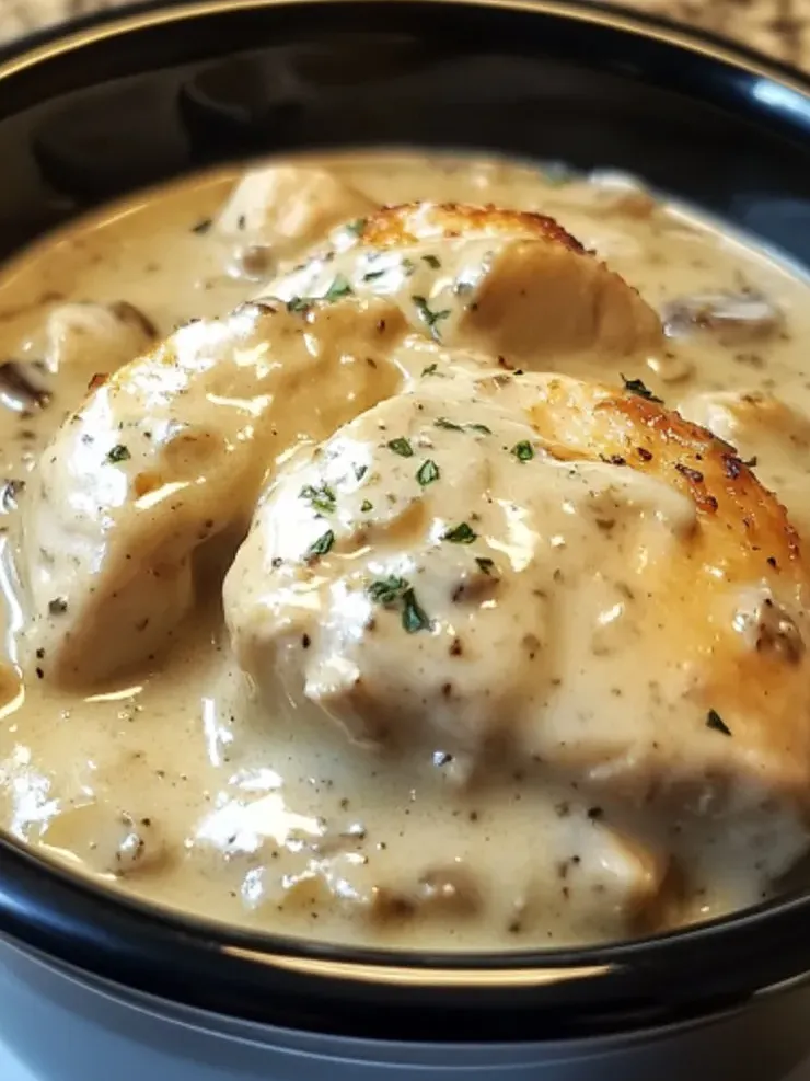 Slow-cooked chicken in creamy sauce over pasta.