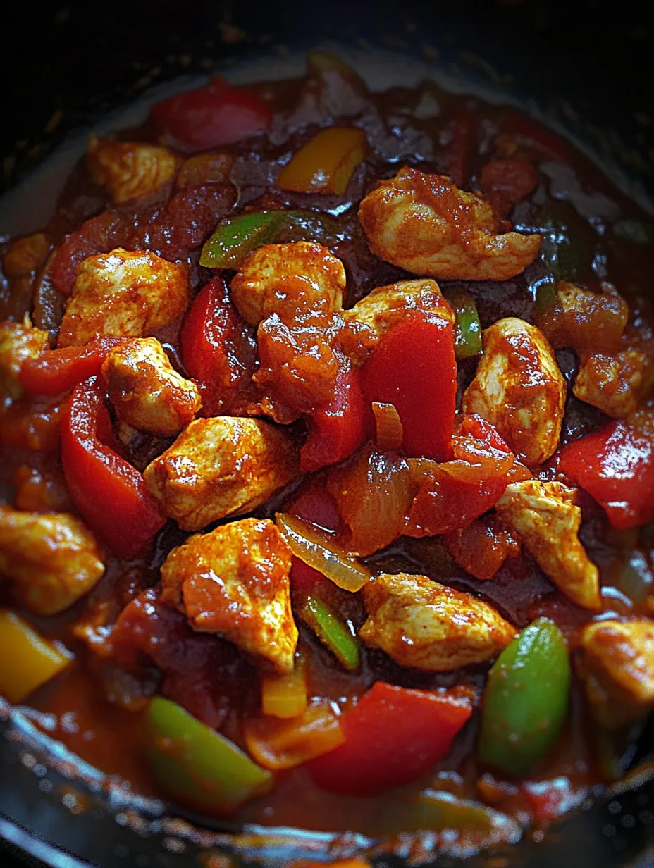 A bowl of chicken and peppers.