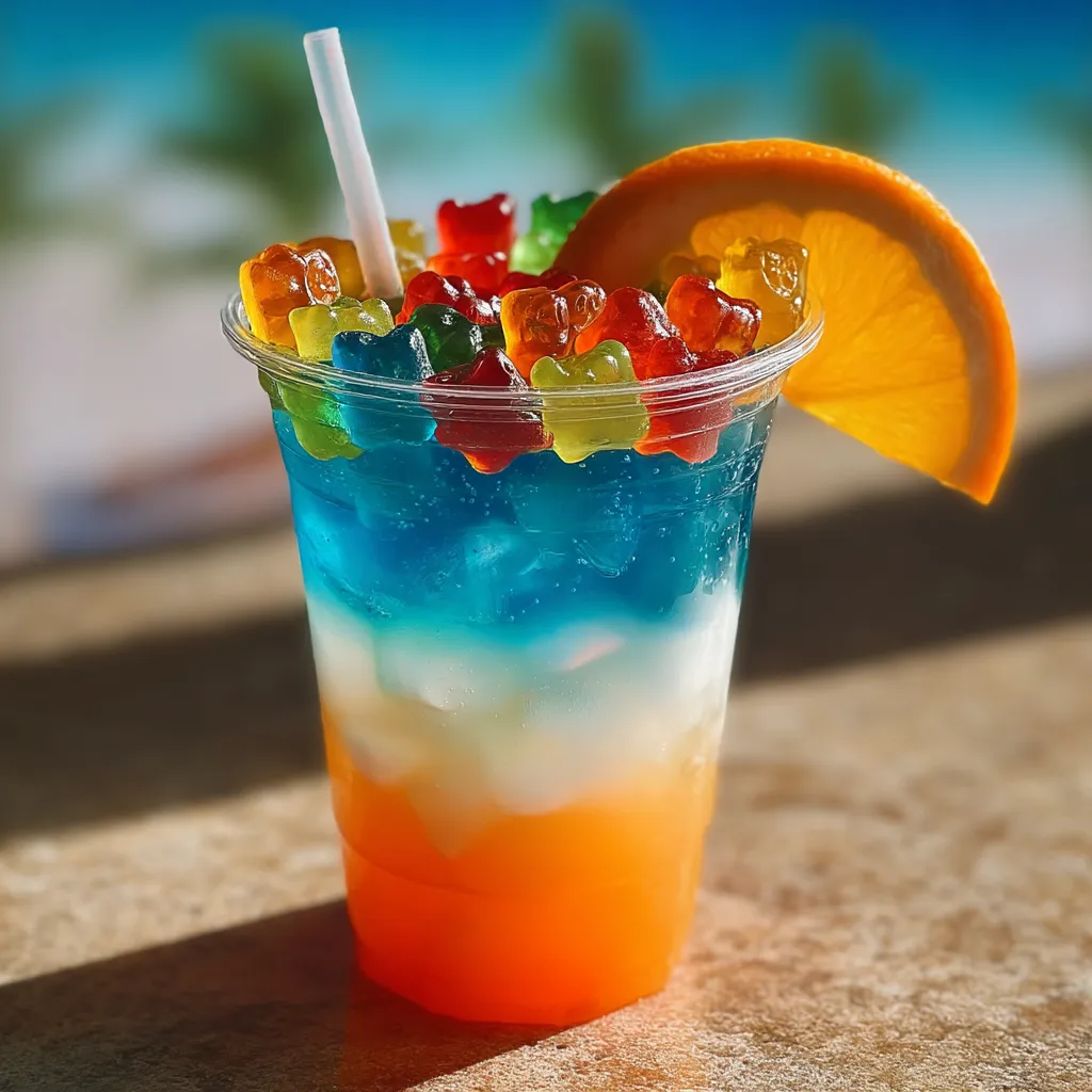 A cup of fruit juice with a slice of orange on top.
