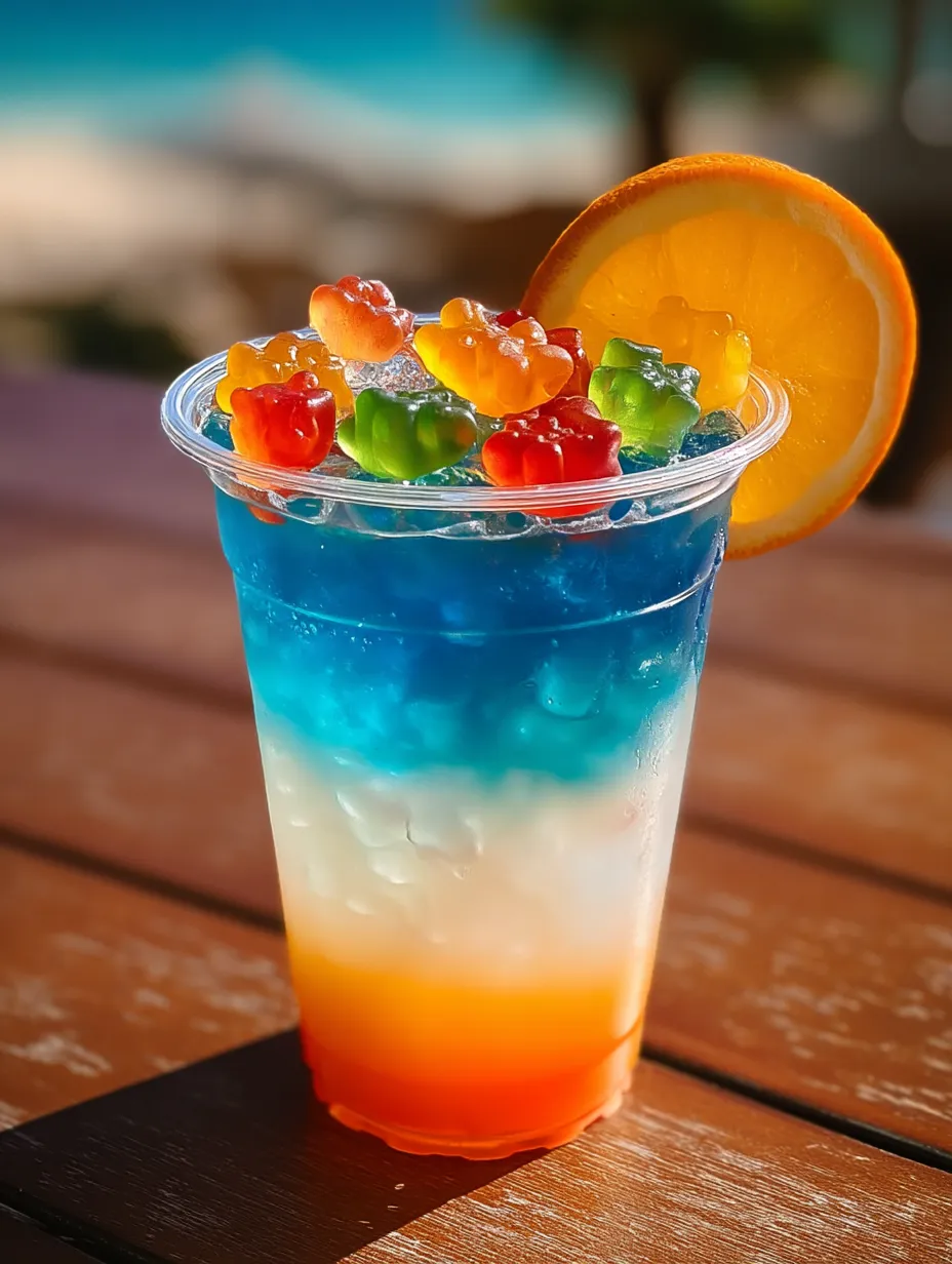 A glass of fruit juice with a slice of orange on top.