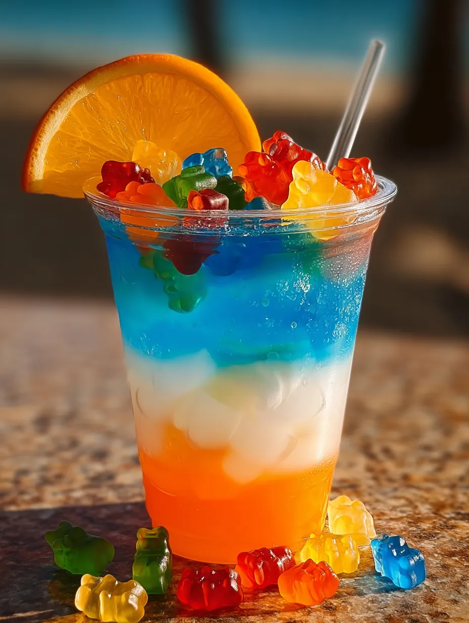 A cup of fruit juice with gummy bears in it.