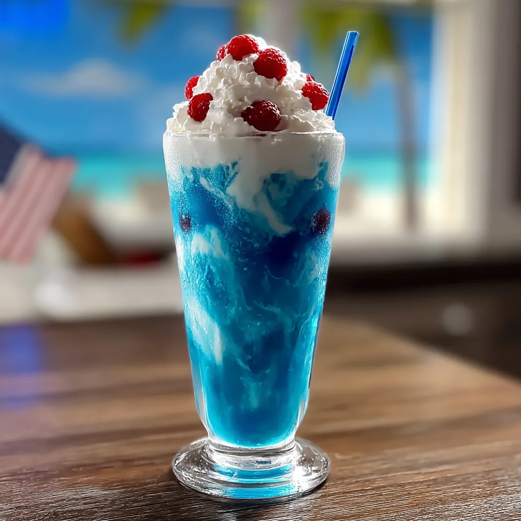 A blue and white drink with a straw.