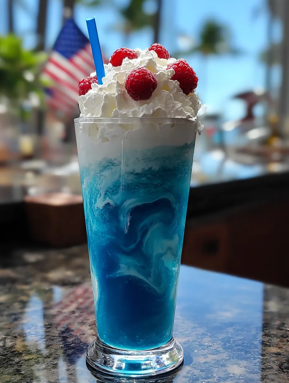 A blue and white drink with a straw in it.