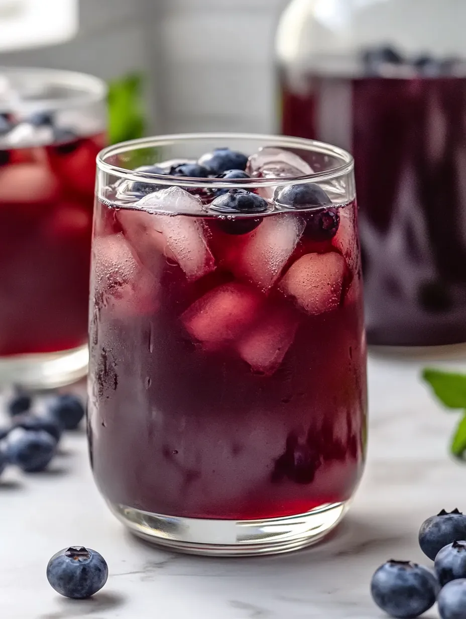 A glass of blueberry juice with ice.