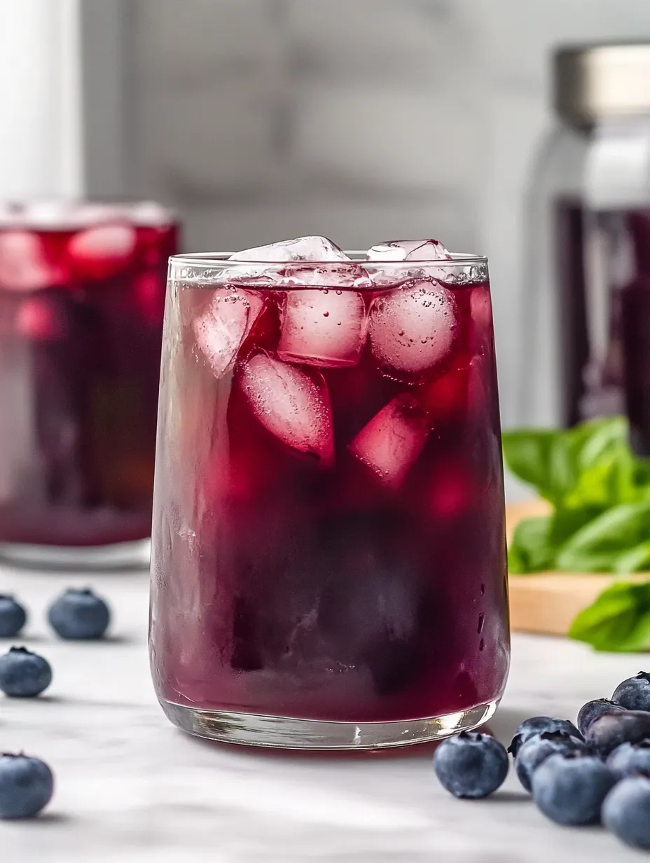 A glass of iced tea with blueberries.