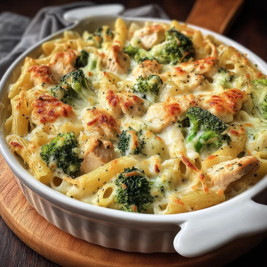 A bowl of pasta with broccoli and chicken.