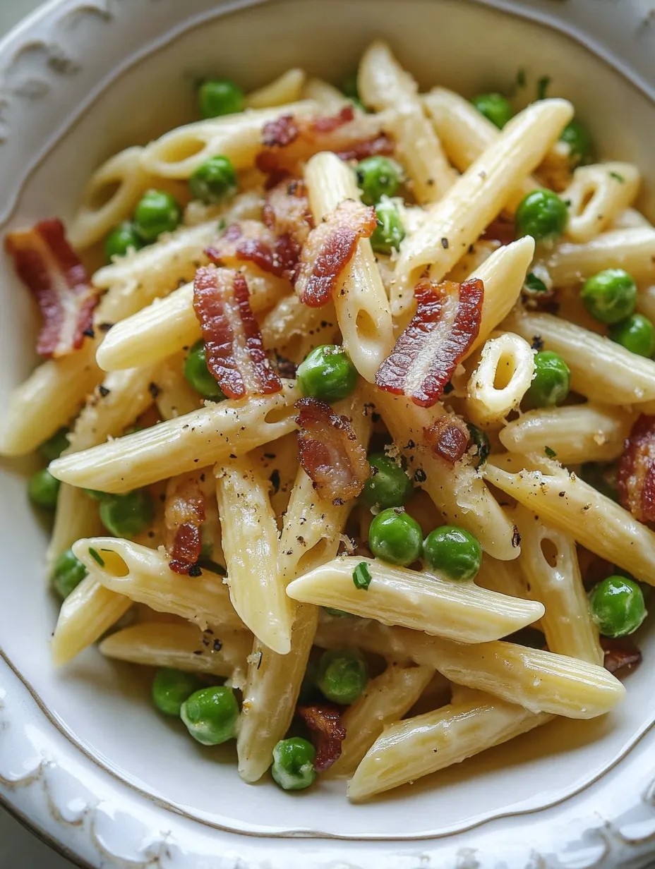 A bowl of pasta with peas and bacon.