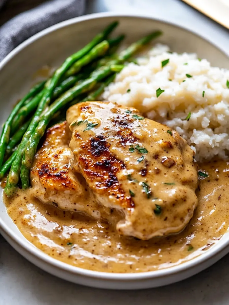 A plate of food with rice, chicken, and asparagus.