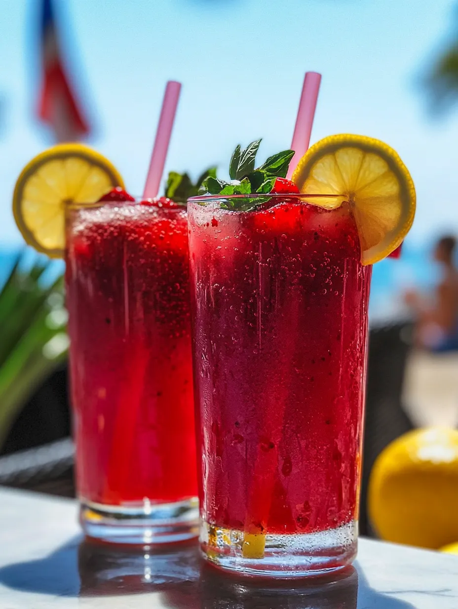 Two glasses of red drink with lemon slices.