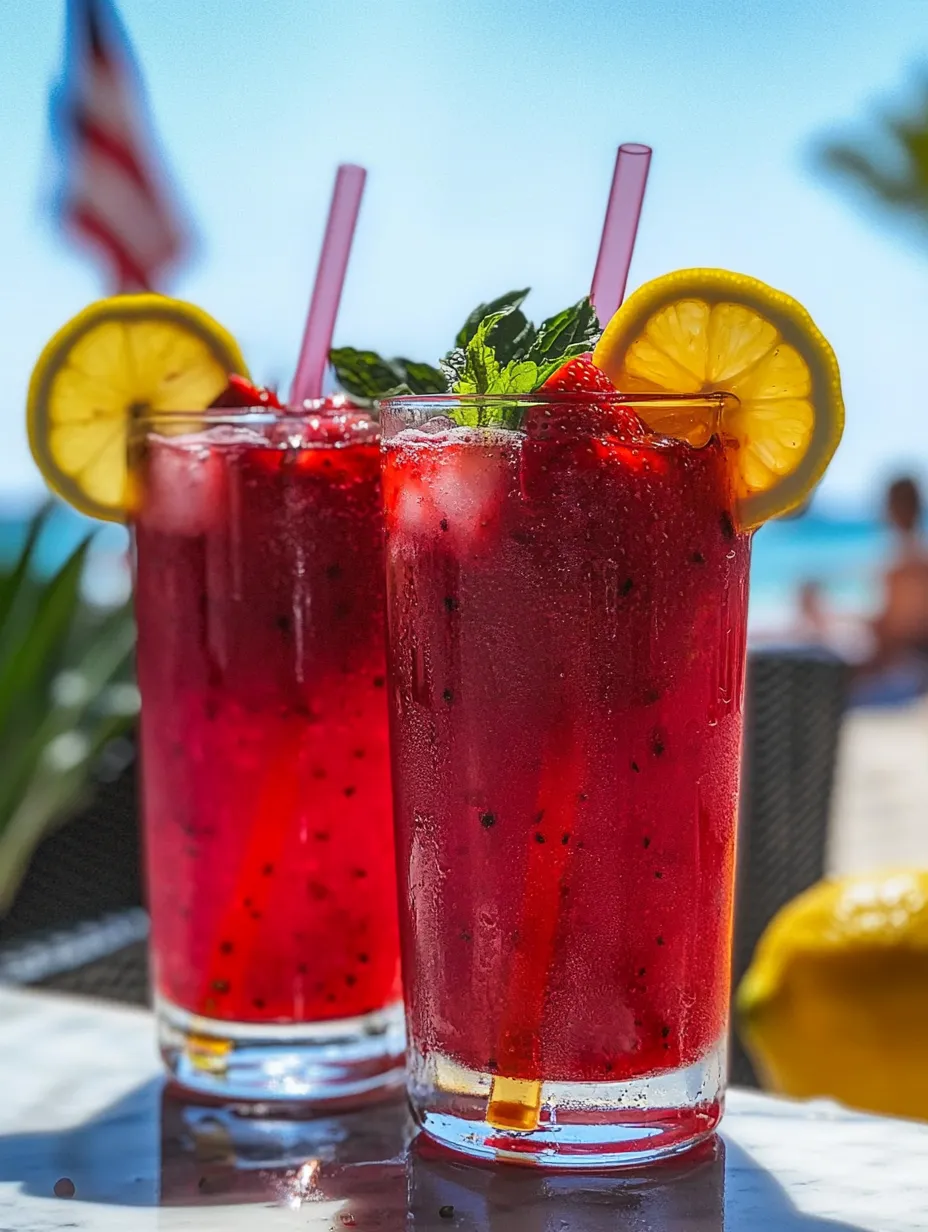Two glasses of red fruit juice with lemon slices.