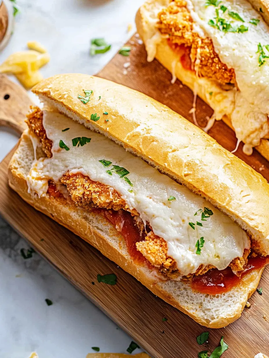 A sandwich with meat and cheese on a wooden board.