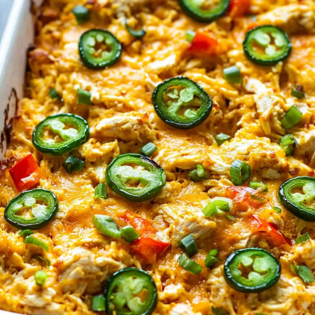 A pan filled with chicken, peppers, and jalapeños sitting on top.