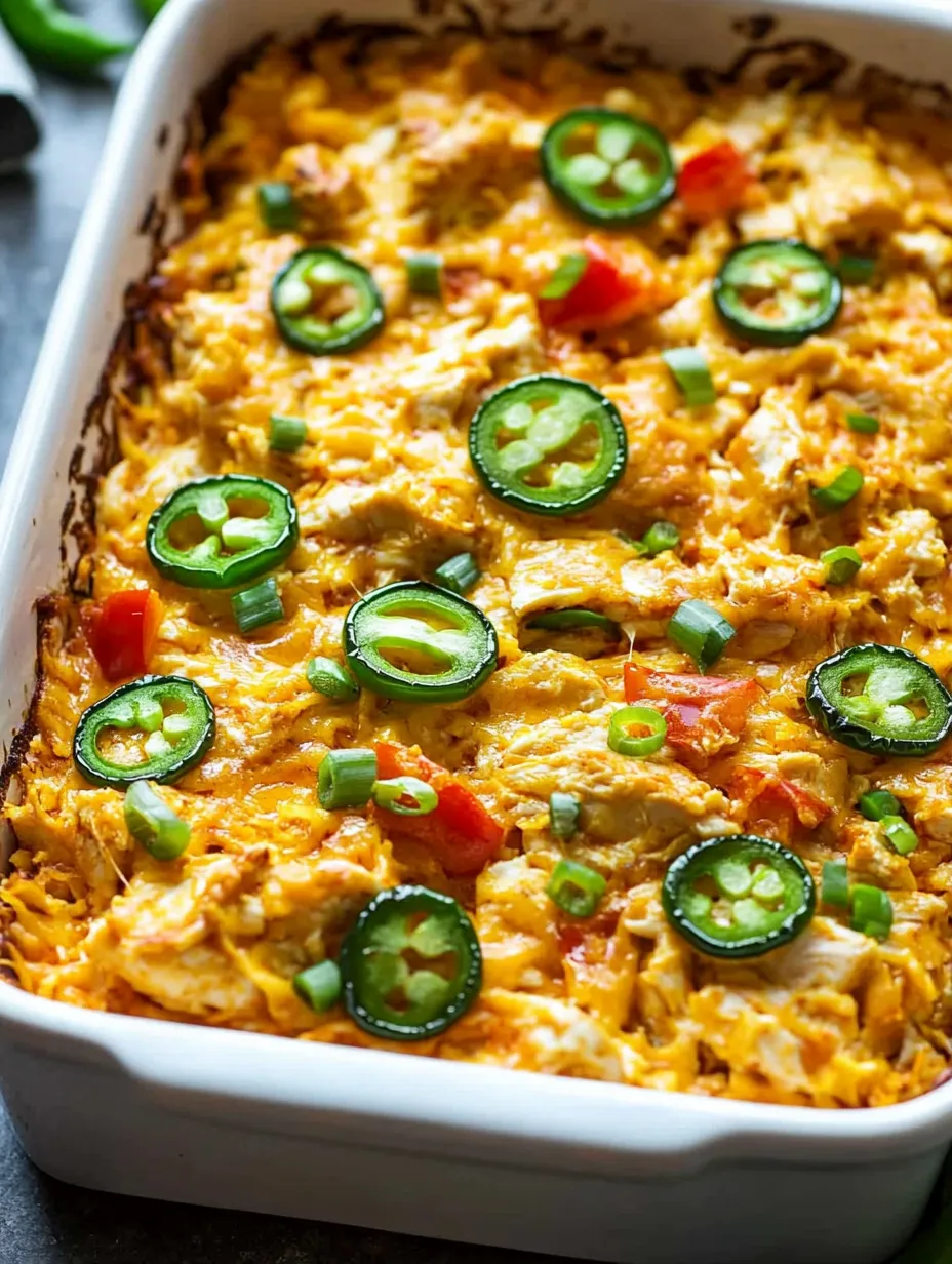 A dish with chicken and jalapenos.