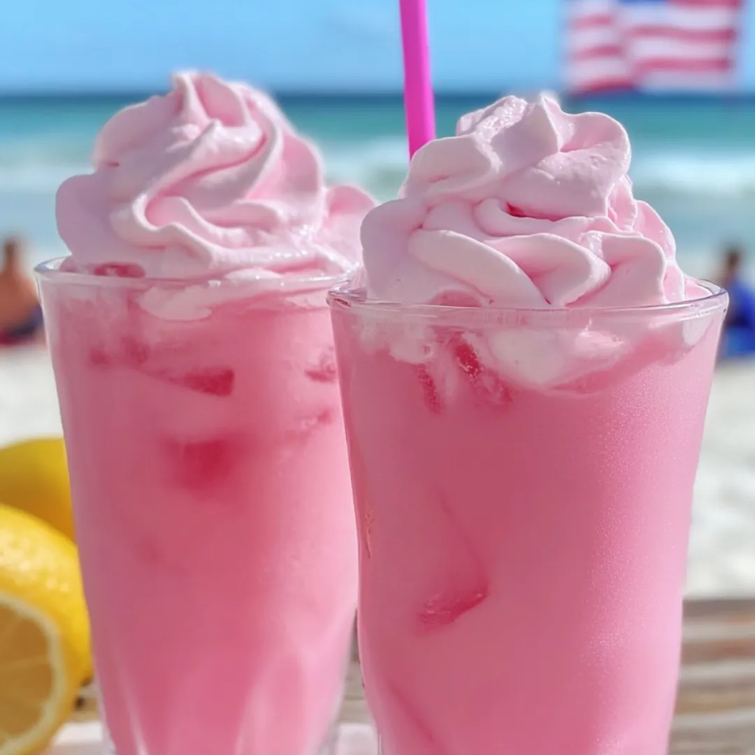 Two glasses filled with pink lemonade and matching straws, looking frosty and inviting.