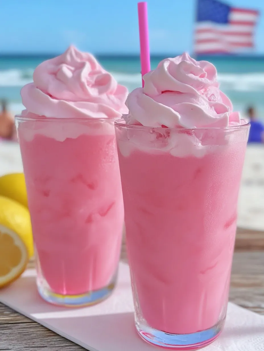 Two cool pink iced drinks in glasses.