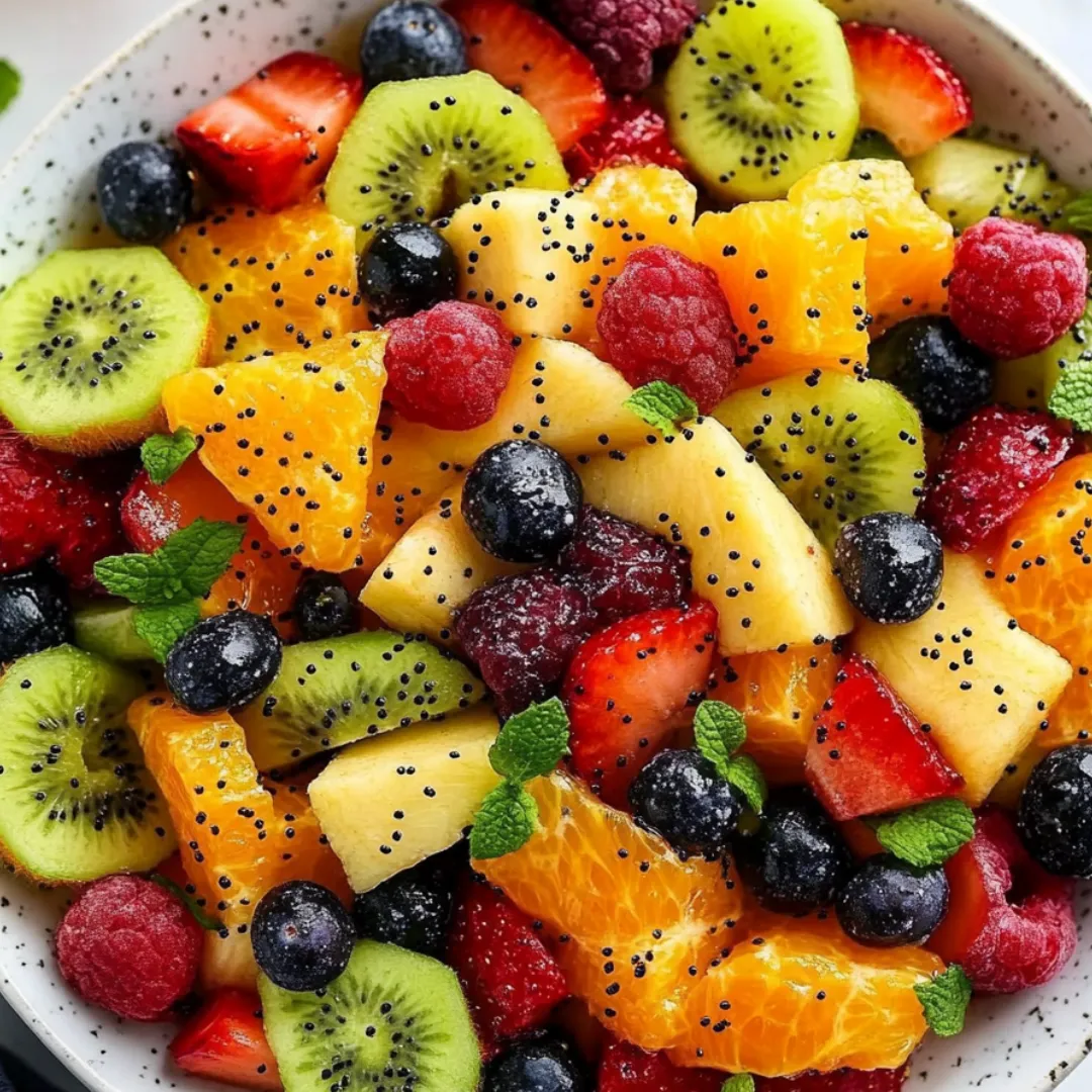 Kiwi, strawberries, raspberries, blueberries, and orange slices packed together in a bowl.