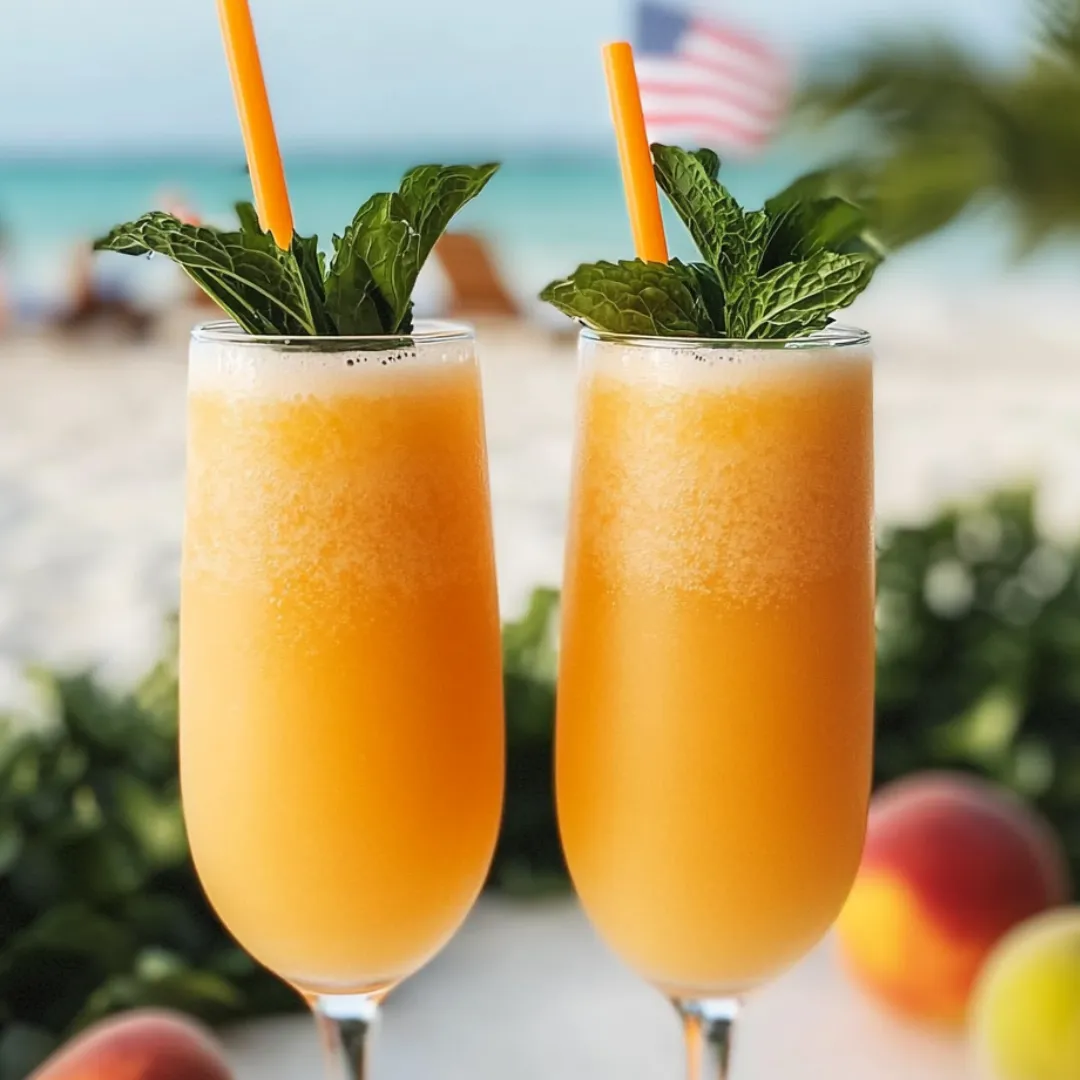 Pair of orangey drinks in glasses with fresh mint on top.