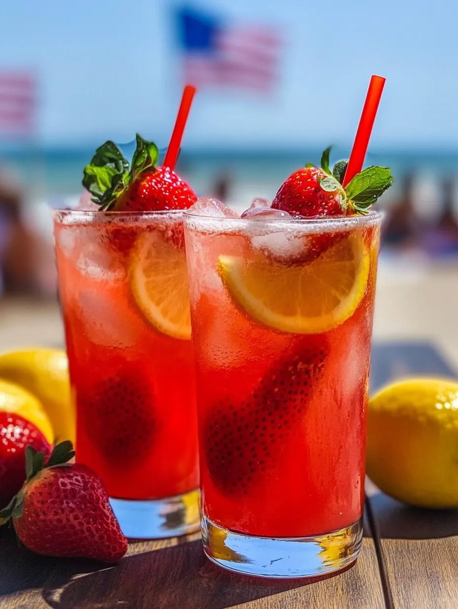 Two glasses of red drink with strawberries and lemon slices.